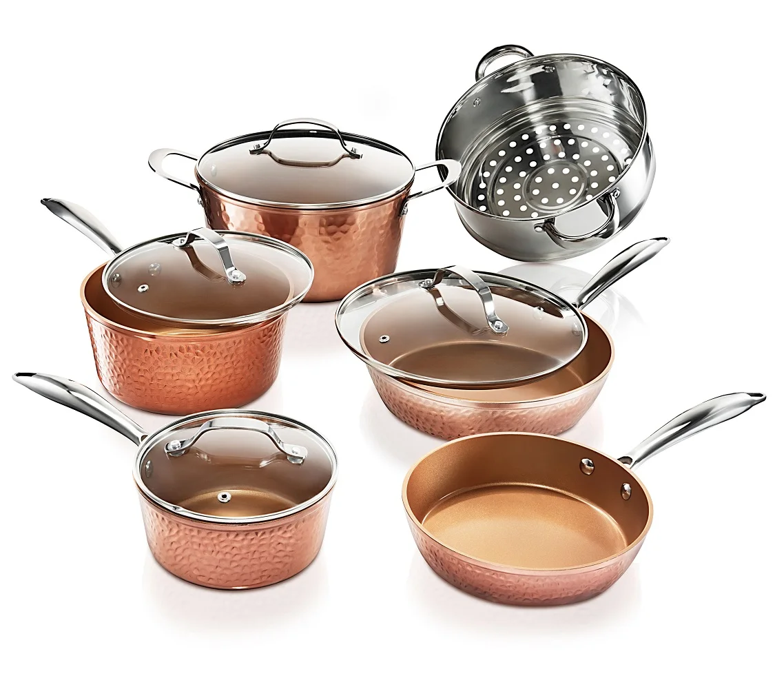 Gotham Steel Hammered Collection Pots and Pans Set, 10-Piece Premium Cookware Set with Nonstick Coating, Dishwasher and Oven Safe, Copper