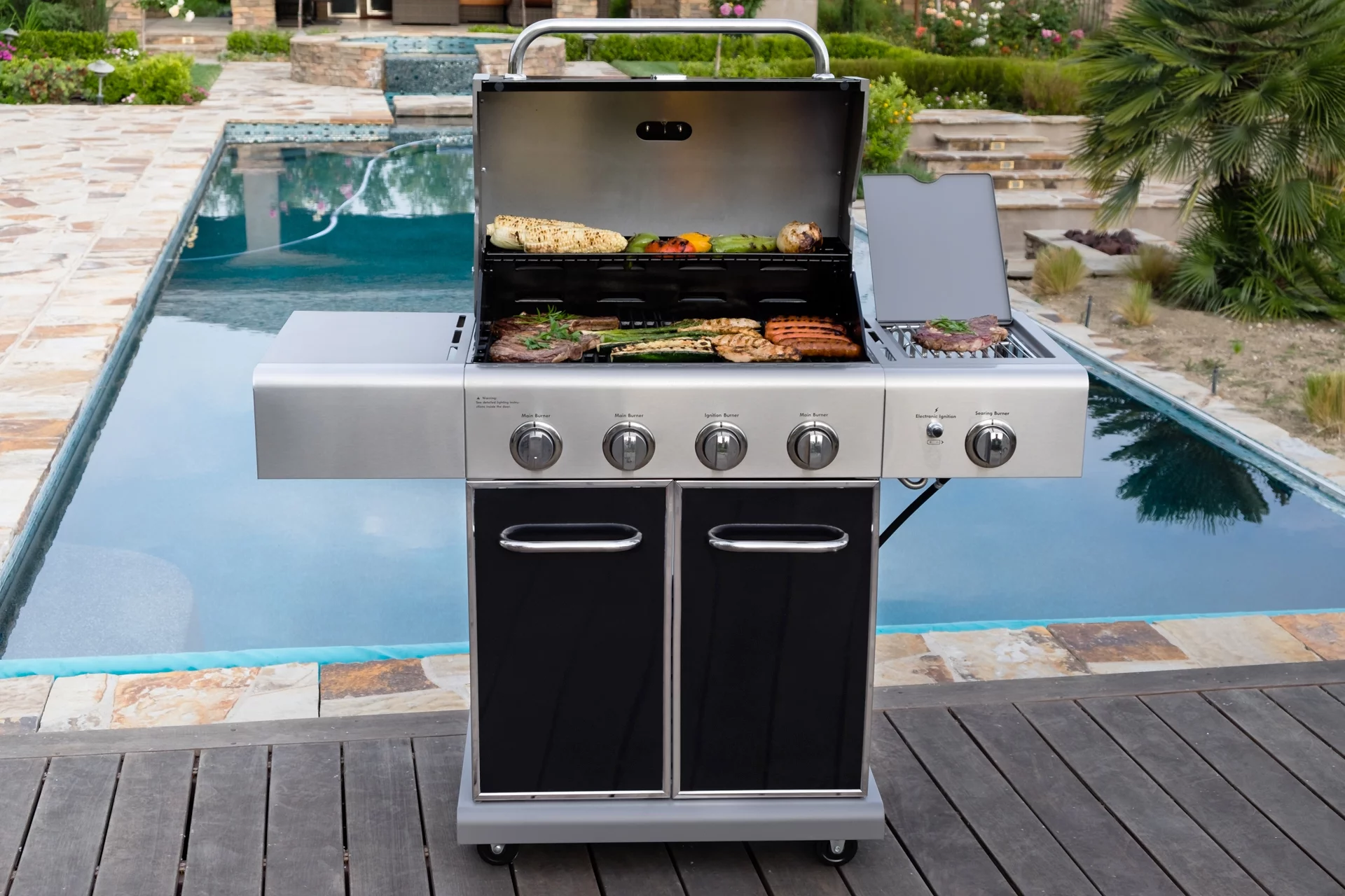 Kenmore 4-Burner Outdoor Propane Gas Grill with Searing Side Burner, Stainless Steel with Black Trim