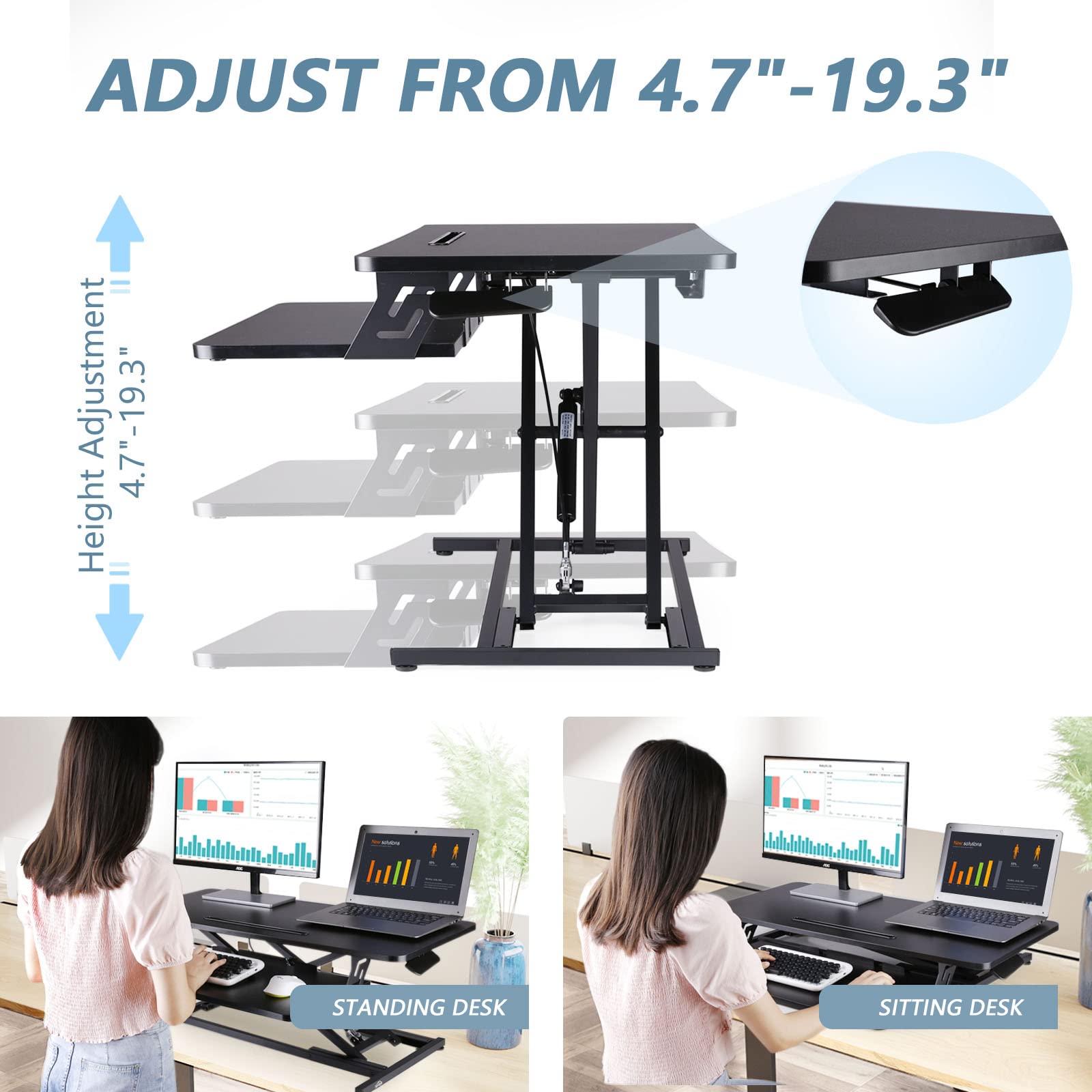 NEEDUX Standing Up Desk Converter 36" Height Adjustable Sit Stand Desk with Removable Keyboard Tray, Large Desk Riser Ergonomic Gas Spring Dual Monitor Workstation for Home Office