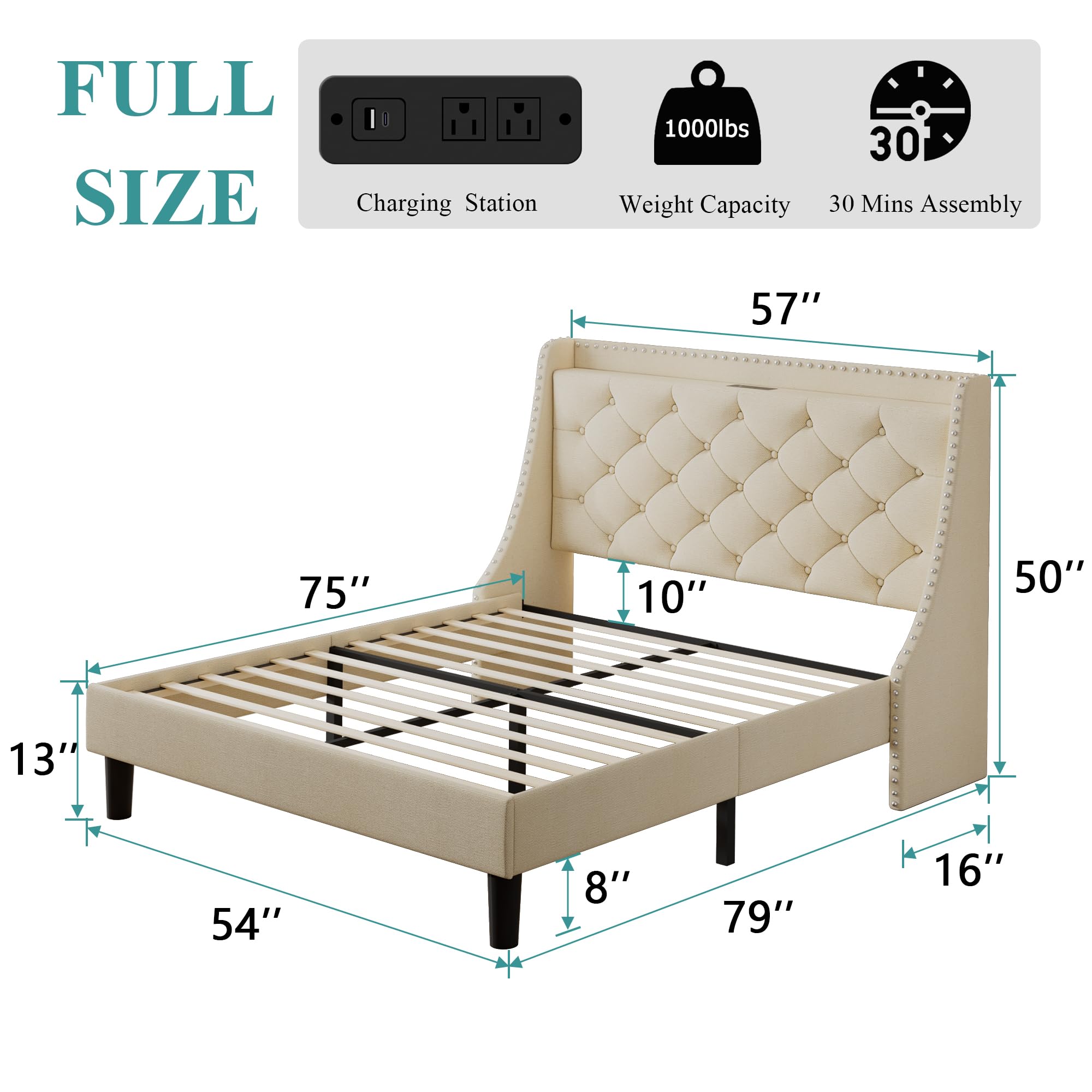 iPormis Full Bed Frame with 16" Deluxe Wingback & USB & Type-C Ports, Upholstered Platform Beds with Button Tufted Storage Headboard, Solid Wood Slats Support, No Box Spring Needed, Beige