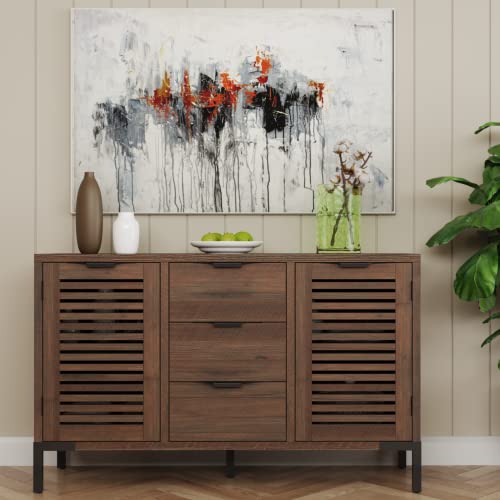 Bme Sideboard Premium Solid Wood Buffet Cabinet with Storage, Pre-Assembled 3 Drawers & 2 Doors, Rustic Chestnut, 55 inch, Chesnut