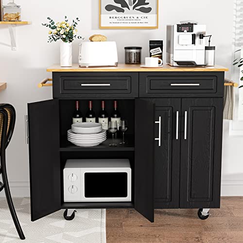 4 EVER WINNER White Kitchen Island with Storage on Wheels, Rolling Kitchen Island Cart with 2 Drawers& 4 Storage Cabinets, Wooden Countertop, Towel Racks, Adjustable Shelves