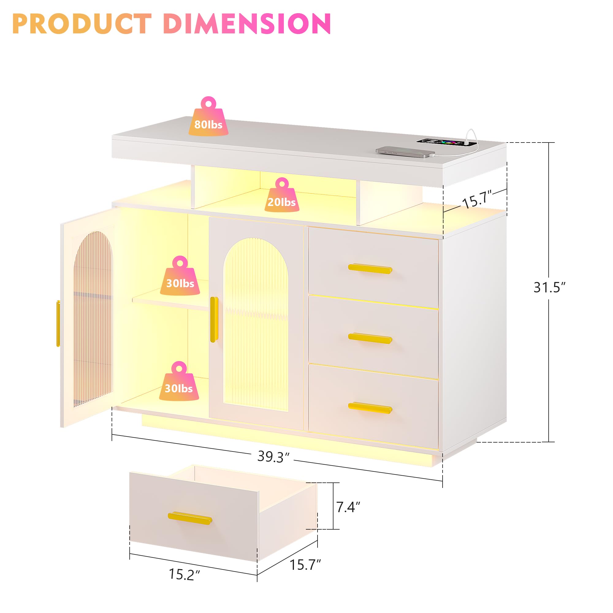JDPAG Sideboard Buffet Cabinet with Wireless Charging Station 40Inch, Auto Sensor LED Side Board with 24 RGB Dimmable Lights, Coffee Bar Cabinet with 3 Drawers Storage for Kitchen, Living Room