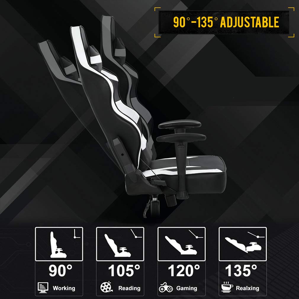 Gaming Chair Big and Tall Office Chair 500lb Wide Seat Desk Chair with Lumbar Support Headrest 2D Arms Task Swivel Ergonomic PU Adjustable Massage Racing Computer Chair for Adults Gamer(Black)