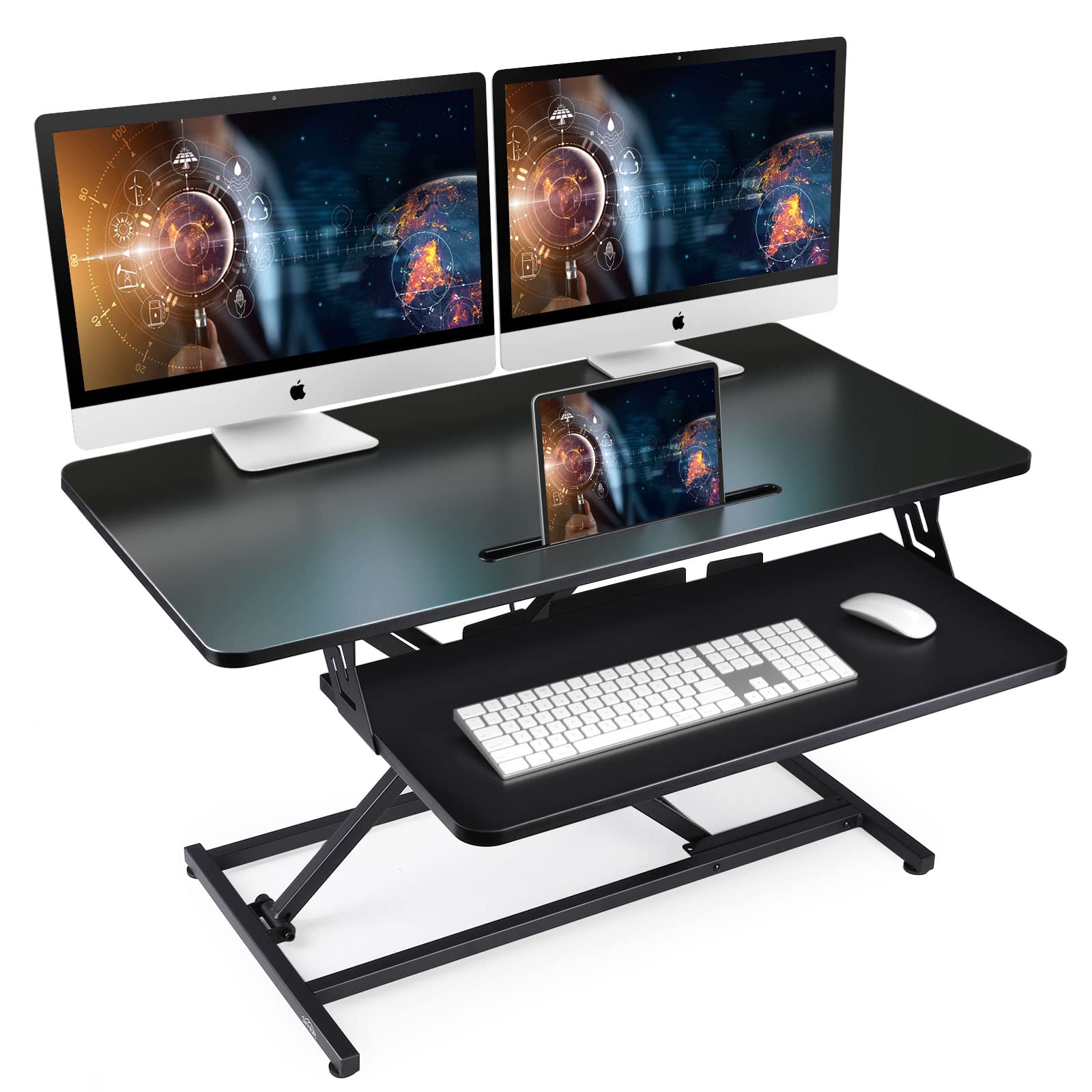 NEEDUX Standing Up Desk Converter 36" Height Adjustable Sit Stand Desk with Removable Keyboard Tray, Large Desk Riser Ergonomic Gas Spring Dual Monitor Workstation for Home Office