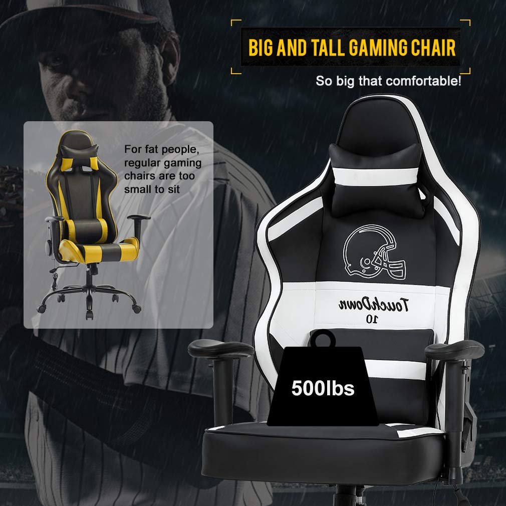 Gaming Chair Big and Tall Office Chair 500lb Wide Seat Desk Chair with Lumbar Support Headrest 2D Arms Task Swivel Ergonomic PU Adjustable Massage Racing Computer Chair for Adults Gamer(Black)
