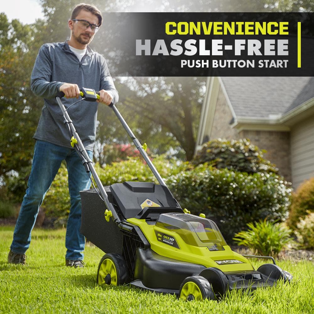 ONE  HP 18V Brushless 16 in. Cordless Battery Walk Behind Push Lawn Mower with (2) 4.0 Ah Batteries and (1) Charger P1190