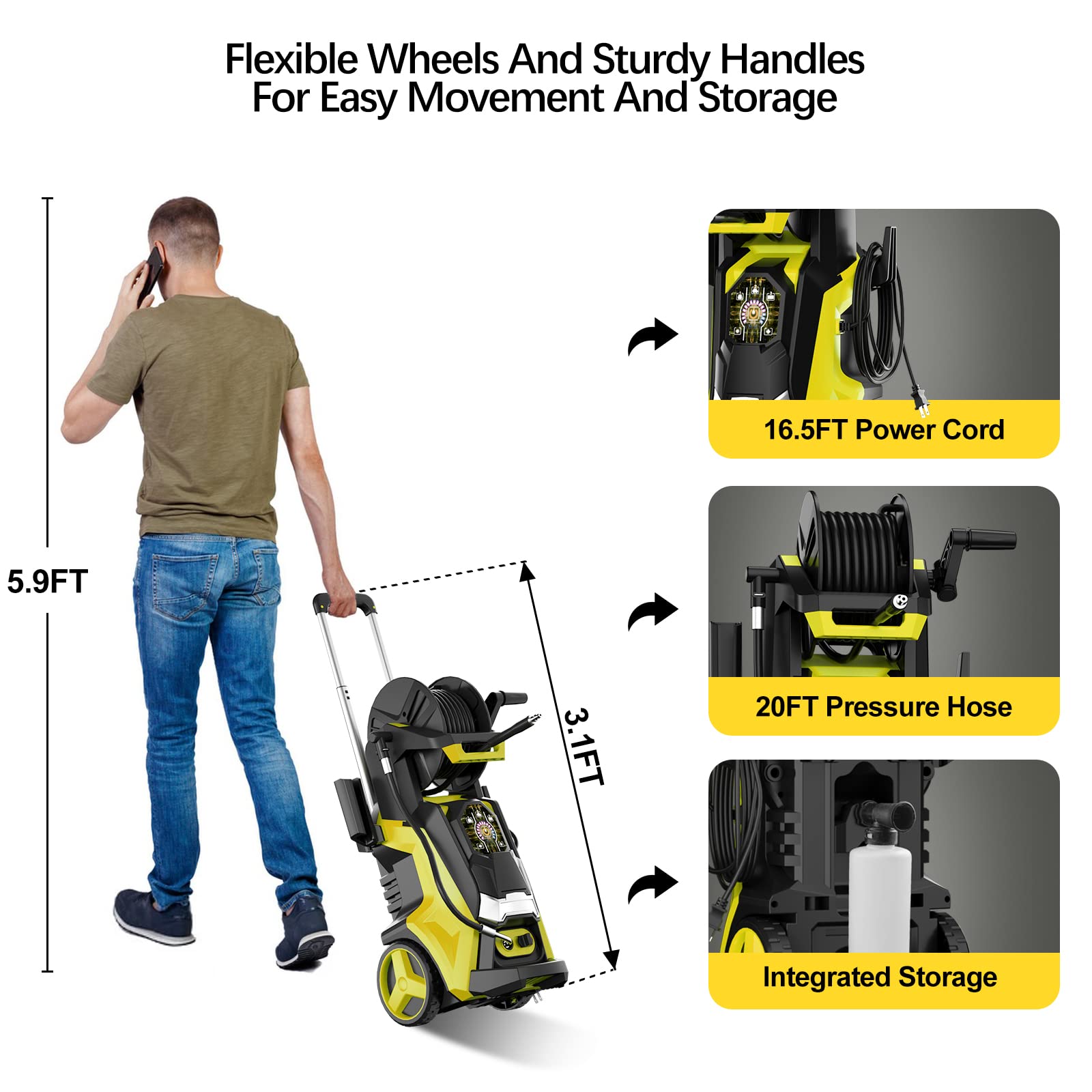 Electric Pressure Washer 4200 PSI 2.8 GPM Power Washers Electric Powered with Three Modes of Touch Screen Adjustable Pressure,4 Nozzles and Hose Reel Car Washer Cleaner for Home Patio Yellow