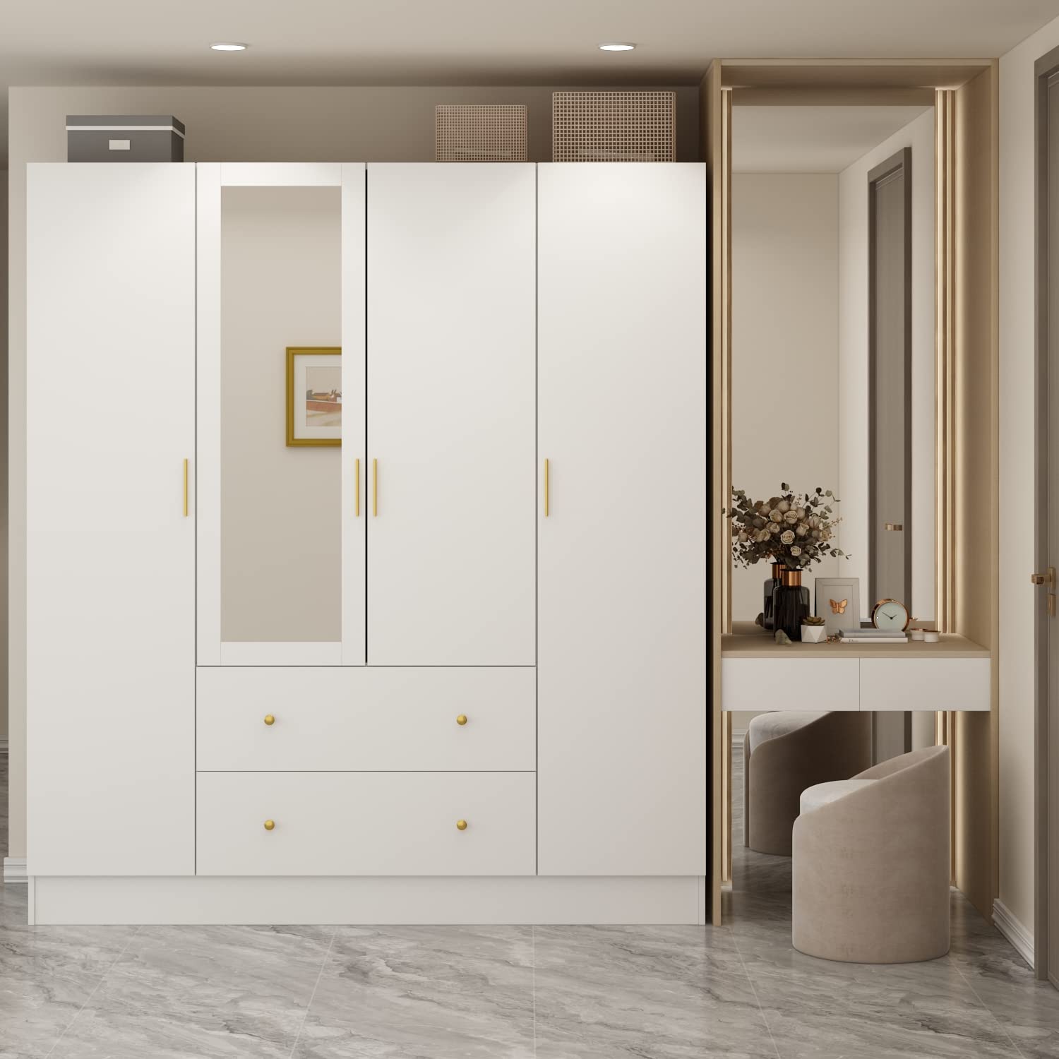 FAMAPY 4-Door Wardrobe Closet with Mirror, Armoires and Wardrobes with Drawers and Shelves, Armoire Wardrobe Closet with Hanging Rod, White (63u201dW x 19.7u201dD x 70.9u201dH) - Costco