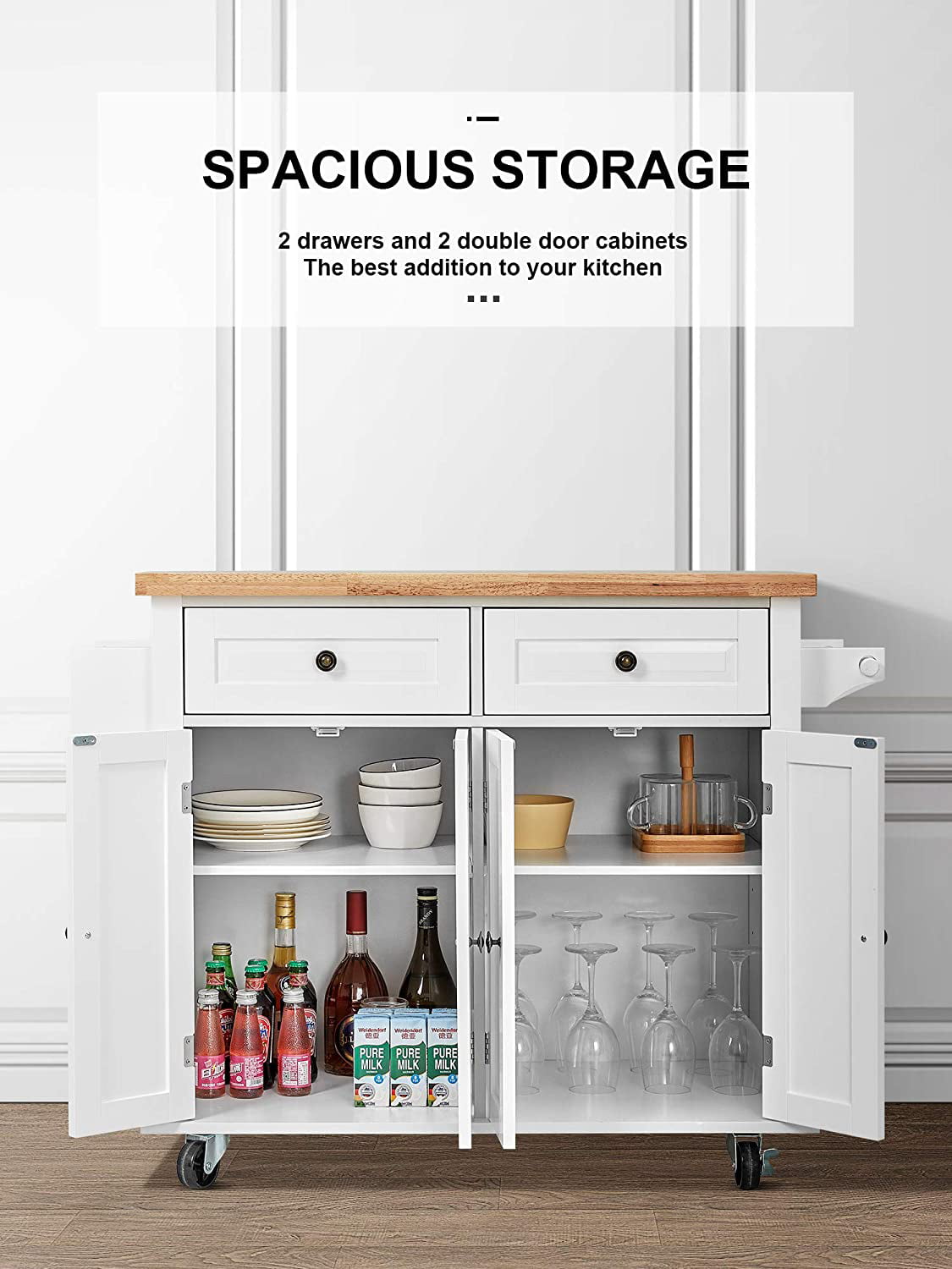 Homfa Kitchen Island Cart on Wheels, Rolling Bar Cart with Storage Cabinet, Rubber Wood Countertop, Lockable Casters, White