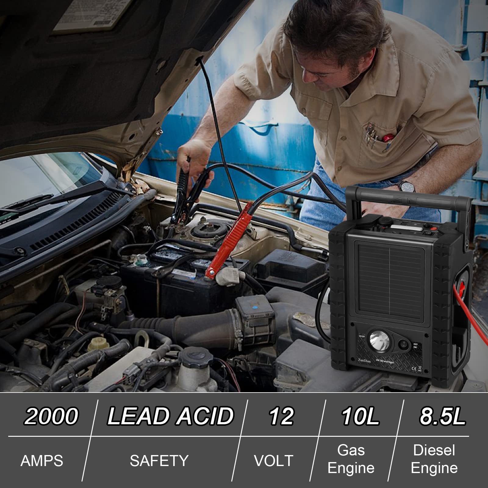 ZunDian ZD-529 Solar Portable Power Station 2000 Amps Jump Starter, 260 PSI Air Compressor, 12V Car Battery Charger with 400W Inverter Dual AC/DC/USB Output, Emergency Backup Power with Flashlights