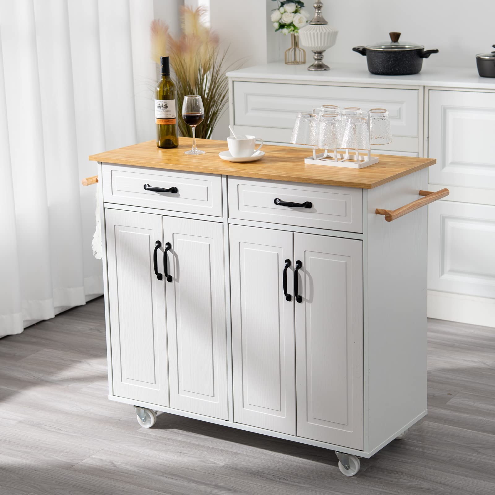 4 EVER WINNER White Kitchen Island with Storage on Wheels, Rolling Kitchen Island Cart with 2 Drawers& 4 Storage Cabinets, Wooden Countertop, Towel Racks, Adjustable Shelves