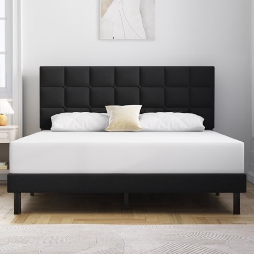 Molblly Full Bed Frame Upholstered Platform with Headboard and Strong Wooden Slats, Non-Slip and Noise-Free,No Box Spring Needed, Easy Assembly,Black