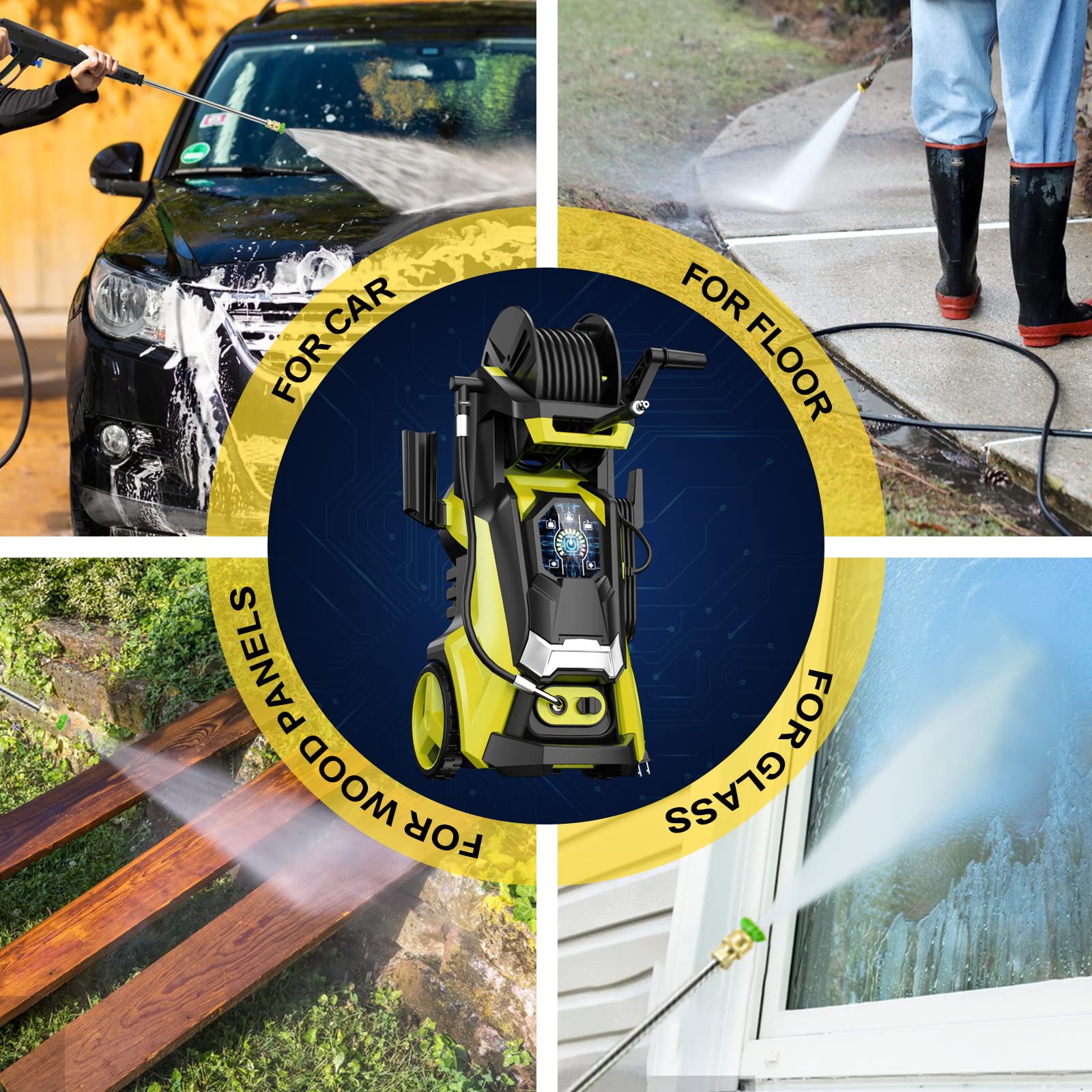 Electric Pressure Washer 4200 PSI 2.8 GPM Power Washers Electric Powered with Three Modes of Touch Screen Adjustable Pressure,4 Nozzles and Hose Reel Car Washer Cleaner for Home Patio Yellow
