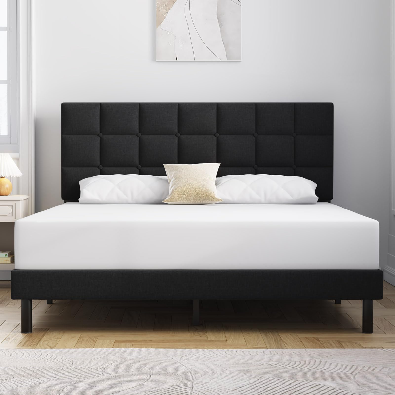 Molblly Full Bed Frame Upholstered Platform with Headboard and Strong Wooden Slats, Non-Slip and Noise-Free,No Box Spring Needed, Easy Assembly,Black