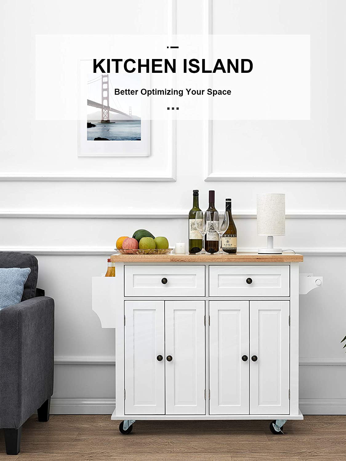 Homfa Kitchen Island Cart on Wheels, Rolling Bar Cart with Storage Cabinet, Rubber Wood Countertop, Lockable Casters, White