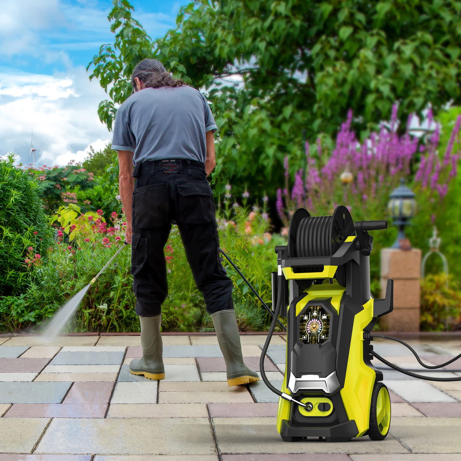 Electric Pressure Washer 4200 PSI 2.8 GPM Power Washers Electric Powered with Three Modes of Touch Screen Adjustable Pressure,4 Nozzles and Hose Reel Car Washer Cleaner for Home Patio Yellow