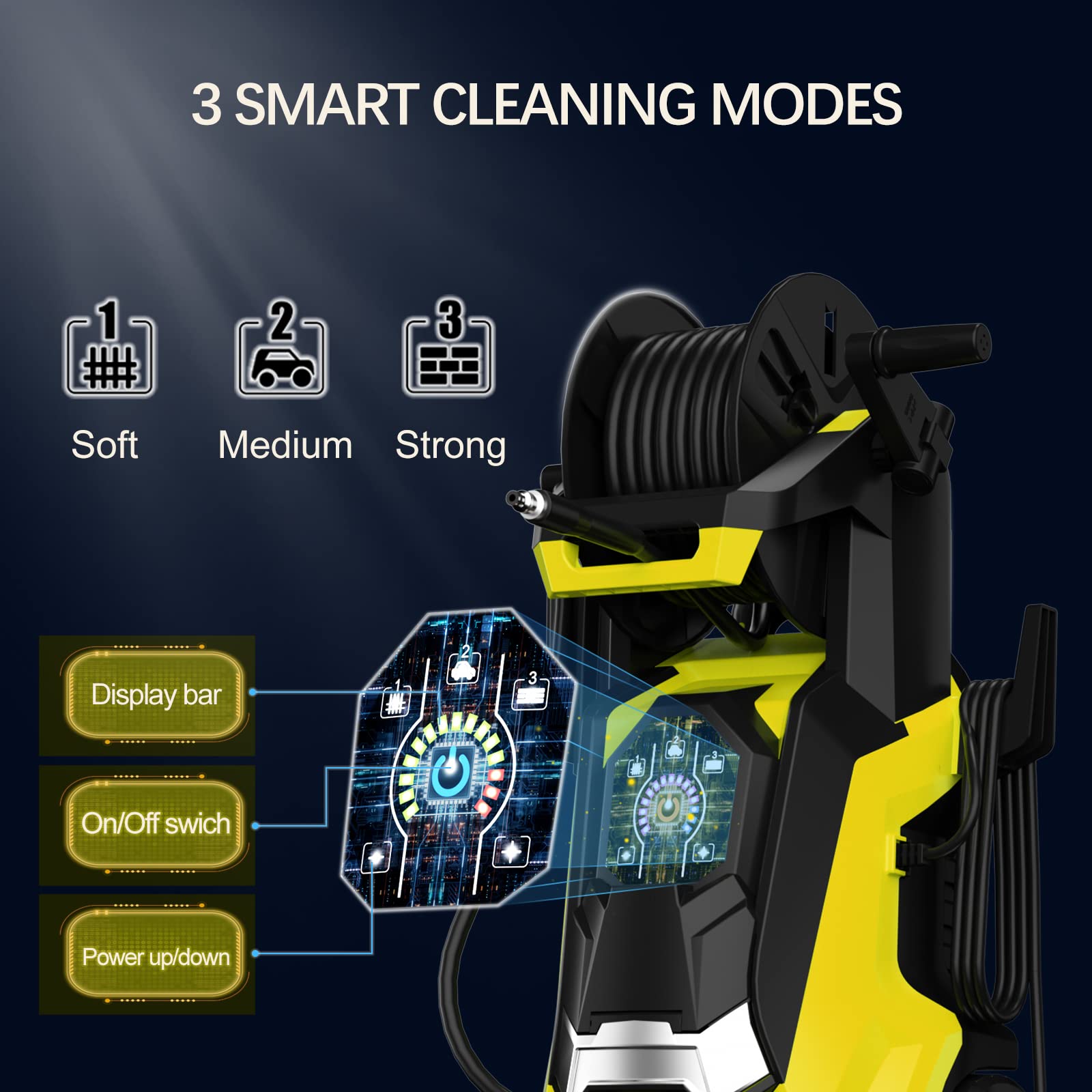 Electric Pressure Washer 4200 PSI 2.8 GPM Power Washers Electric Powered with Three Modes of Touch Screen Adjustable Pressure,4 Nozzles and Hose Reel Car Washer Cleaner for Home Patio Yellow