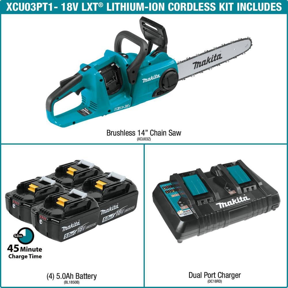 14 in. 18-Volt X2 (36-Volt) LXT Lithium-Ion Brushless Battery Chain Saw Kit with Four 5.0 Ah Batteries and Charger XCU03PT1