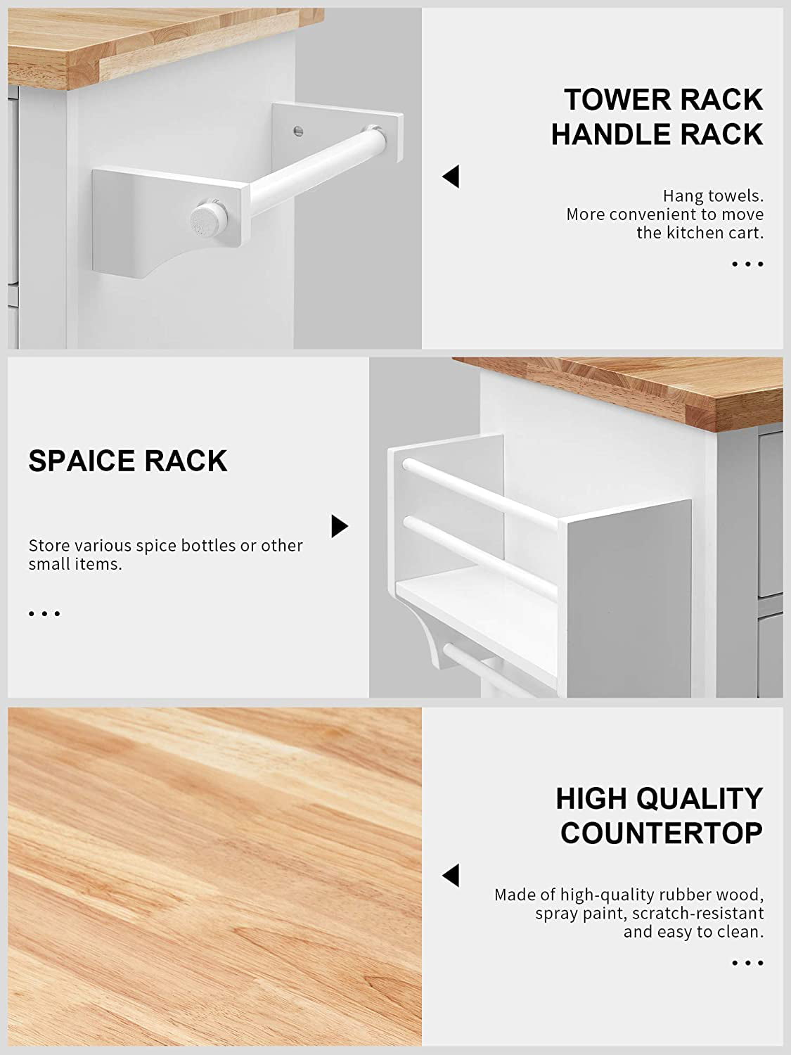 Homfa Kitchen Island Cart on Wheels, Rolling Bar Cart with Storage Cabinet, Rubber Wood Countertop, Lockable Casters, White