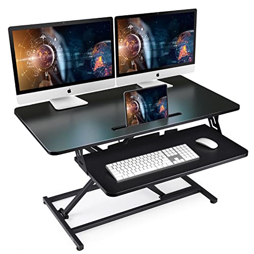 NEEDUX Standing Up Desk Converter 36" Height Adjustable Sit Stand Desk with Removable Keyboard Tray, Large Desk Riser Ergonomic Gas Spring Dual Monitor Workstation for Home Office