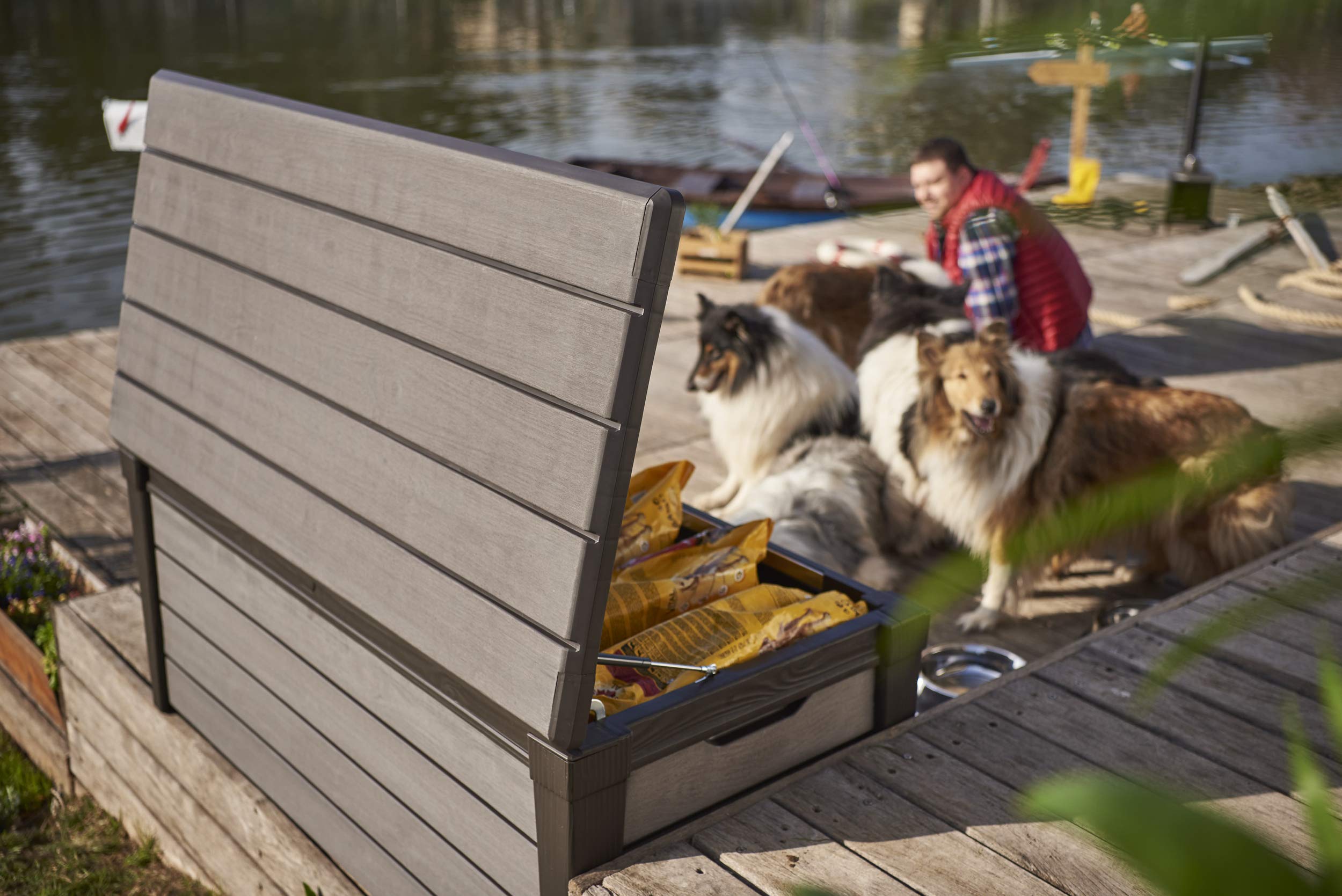 Keter Brushwood 120 Gallon Resin Outdoor Deck Storage Box, Lockable Patio and Garden Furniture Container for Yard Tools and Pool Accessories, Brown