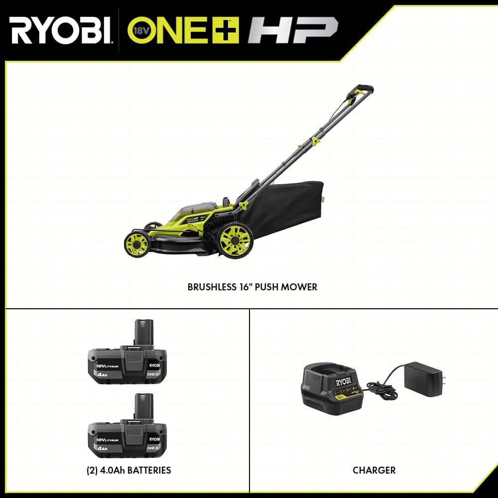 ONE  HP 18V Brushless 16 in. Cordless Battery Walk Behind Push Lawn Mower with (2) 4.0 Ah Batteries and (1) Charger P1190