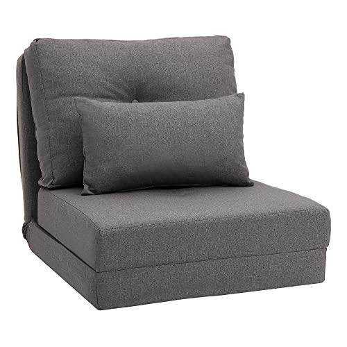 HOMCOM Convertible Flip Chair, Floor Lazy Sofa, Folding Upholstered Couch Bed with Adjustable Backrest, Metal Frame and Pillows for Living Room Bedroom, Light Grey