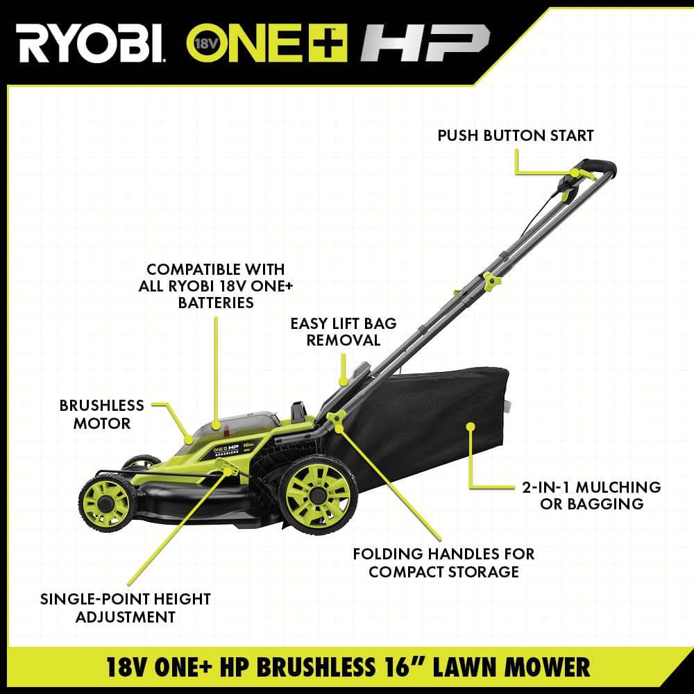 ONE  HP 18V Brushless 16 in. Cordless Battery Walk Behind Push Lawn Mower with (2) 4.0 Ah Batteries and (1) Charger P1190