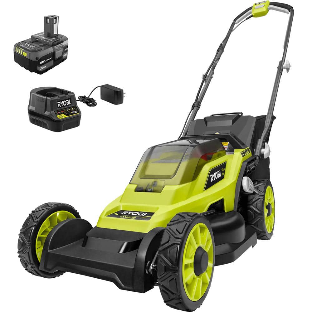 ONE  18V 13 in. Cordless Battery Walk Behind Push Lawn Mower with 4.0 Ah Battery and Charger P1180