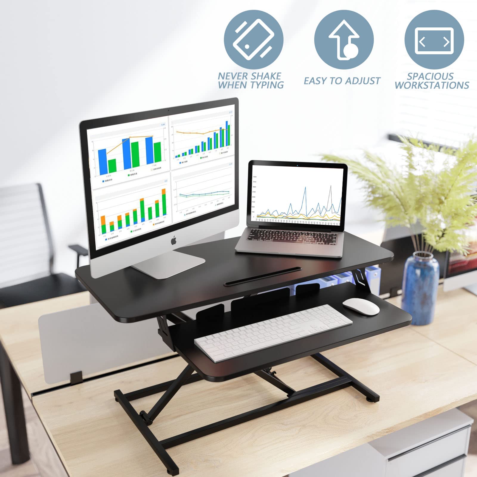 NEEDUX Standing Up Desk Converter 36" Height Adjustable Sit Stand Desk with Removable Keyboard Tray, Large Desk Riser Ergonomic Gas Spring Dual Monitor Workstation for Home Office