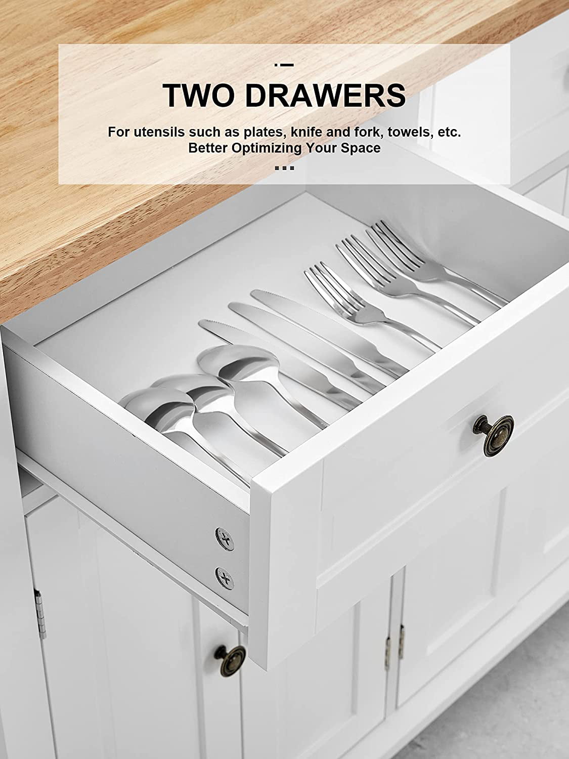 Homfa Kitchen Island Cart on Wheels, Rolling Bar Cart with Storage Cabinet, Rubber Wood Countertop, Lockable Casters, White