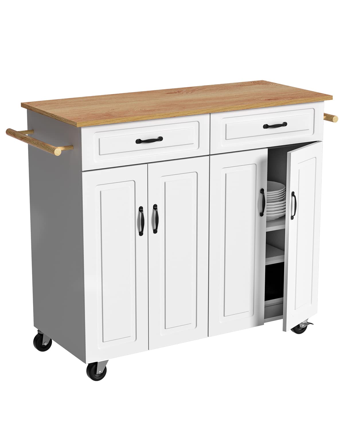 4 EVER WINNER White Kitchen Island with Storage on Wheels, Rolling Kitchen Island Cart with 2 Drawers& 4 Storage Cabinets, Wooden Countertop, Towel Racks, Adjustable Shelves