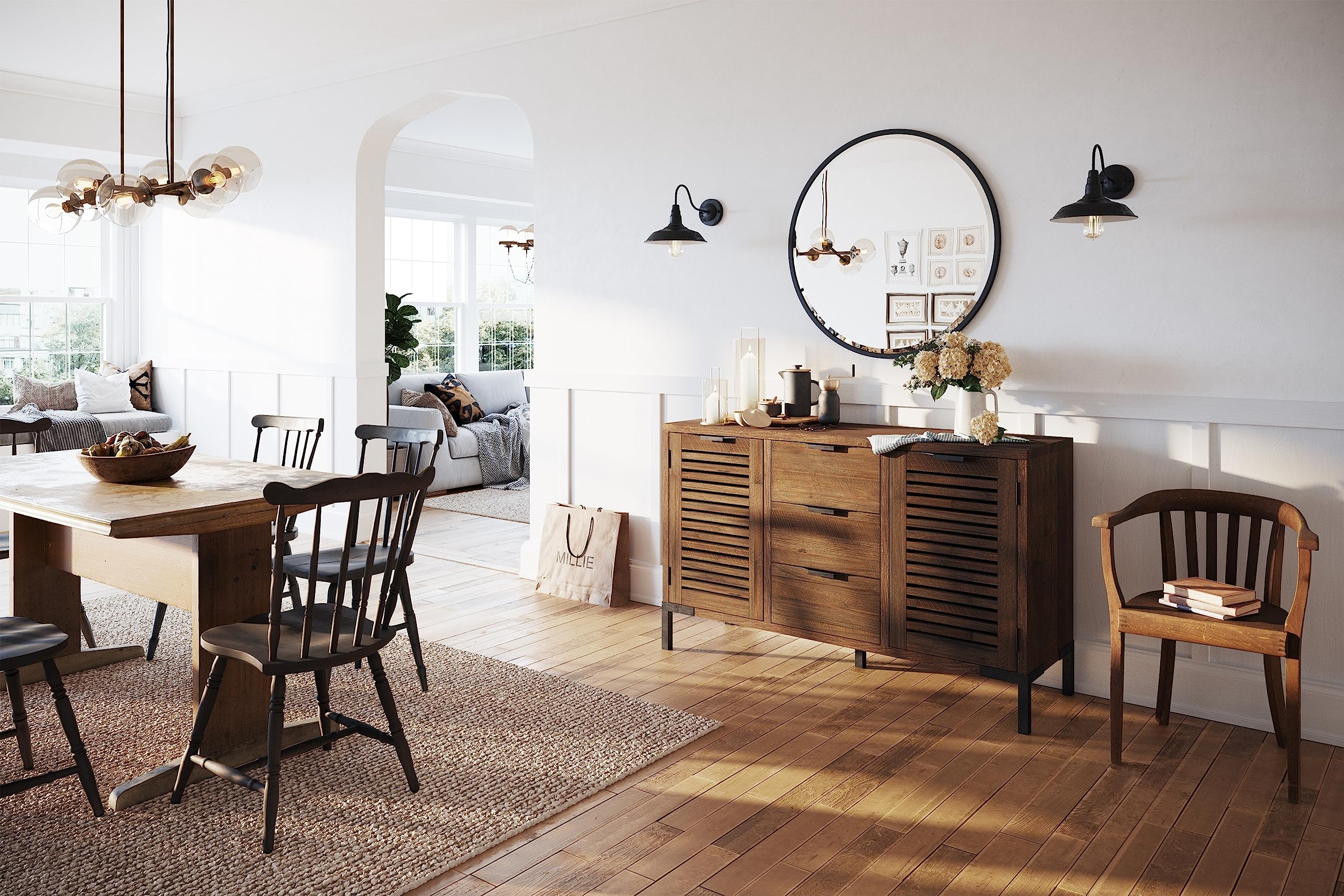 Bme Sideboard Premium Solid Wood Buffet Cabinet with Storage, Pre-Assembled 3 Drawers & 2 Doors, Rustic Chestnut, 55 inch, Chesnut