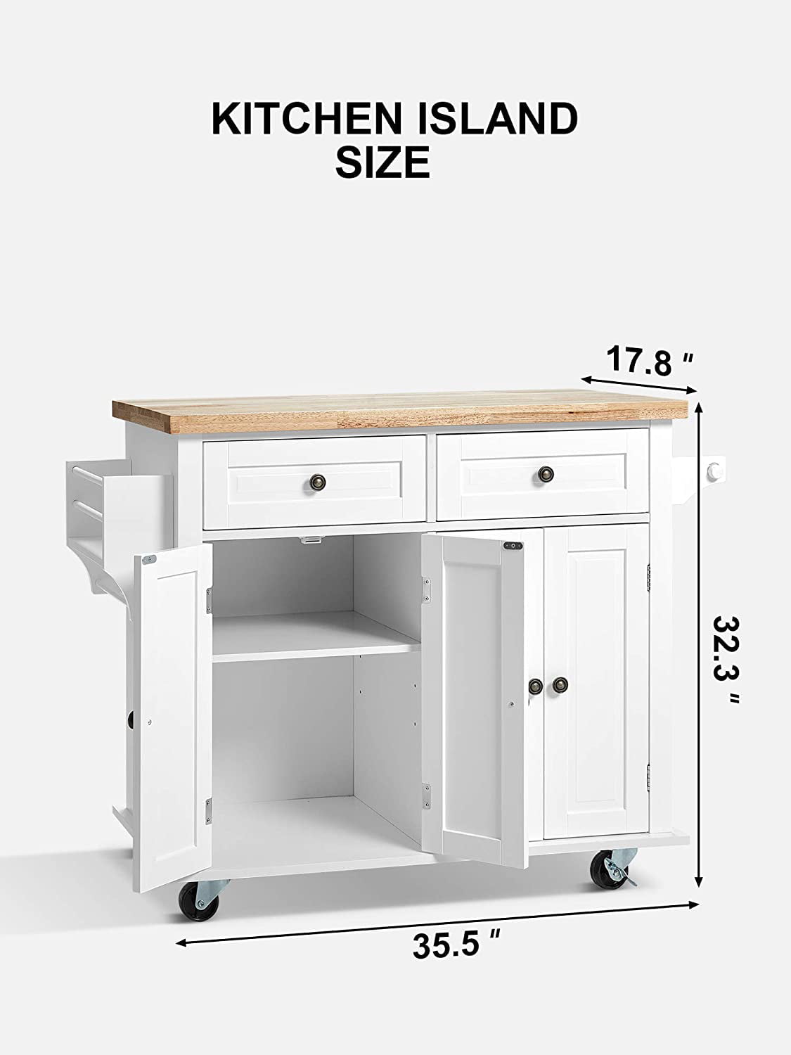 Homfa Kitchen Island Cart on Wheels, Rolling Bar Cart with Storage Cabinet, Rubber Wood Countertop, Lockable Casters, White