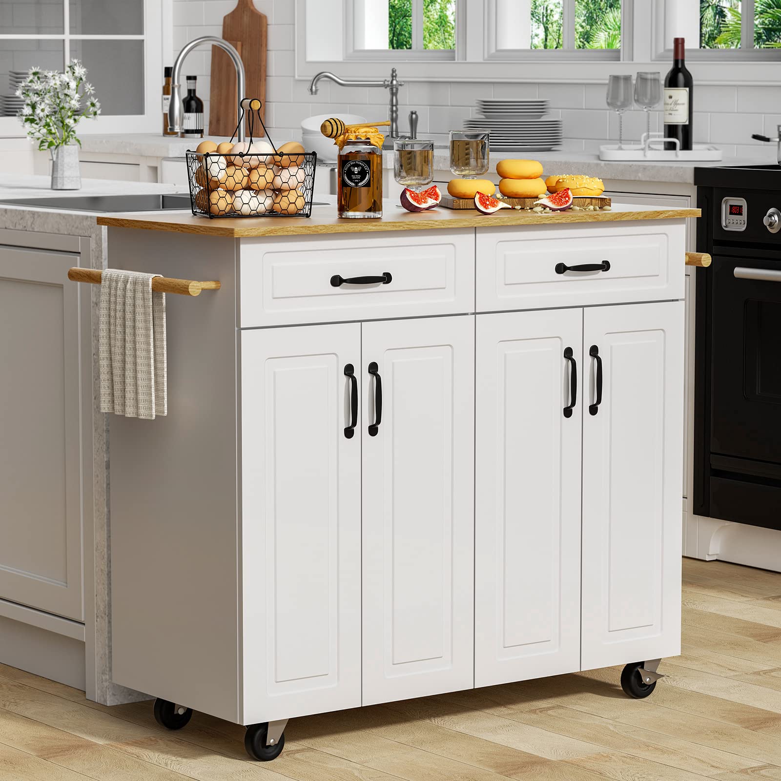 4 EVER WINNER White Kitchen Island with Storage on Wheels, Rolling Kitchen Island Cart with 2 Drawers& 4 Storage Cabinets, Wooden Countertop, Towel Racks, Adjustable Shelves