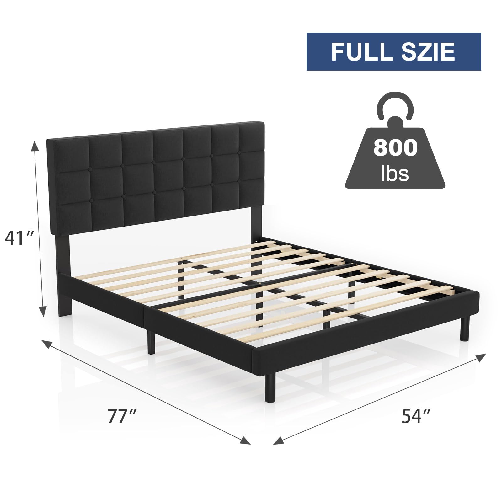 Molblly Full Bed Frame Upholstered Platform with Headboard and Strong Wooden Slats, Non-Slip and Noise-Free,No Box Spring Needed, Easy Assembly,Black