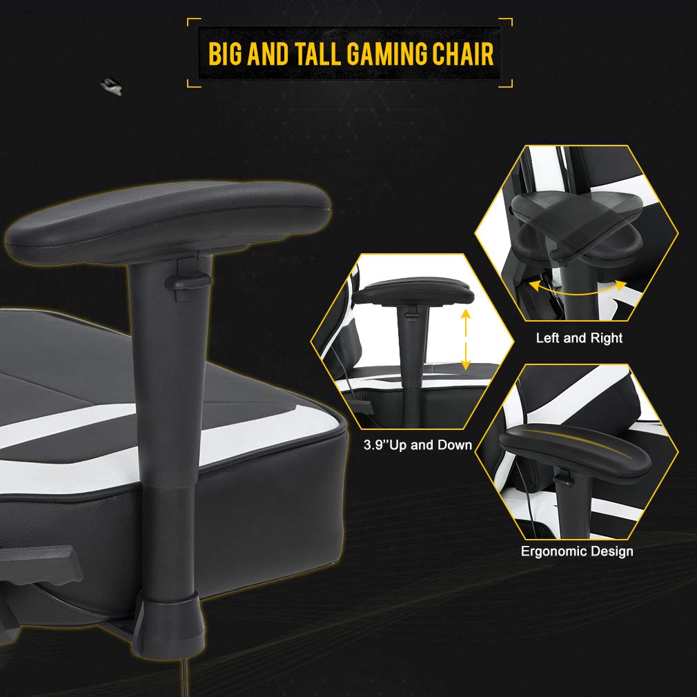 Gaming Chair Big and Tall Office Chair 500lb Wide Seat Desk Chair with Lumbar Support Headrest 2D Arms Task Swivel Ergonomic PU Adjustable Massage Racing Computer Chair for Adults Gamer(Black)