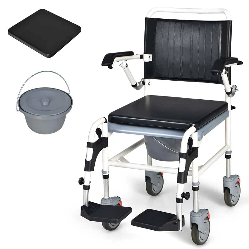 4 in 1 Bedside Commode Chair Shower Wheelchair with Detachable Bucket, Padded Mobile Toilet Chair