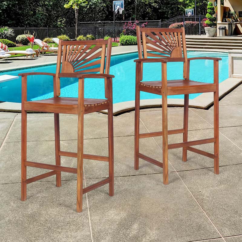 2 Pack Acacia Wood Bar Stools Outdoor Patio Bar Chairs with Sunflower Backrest & Curved Armrests