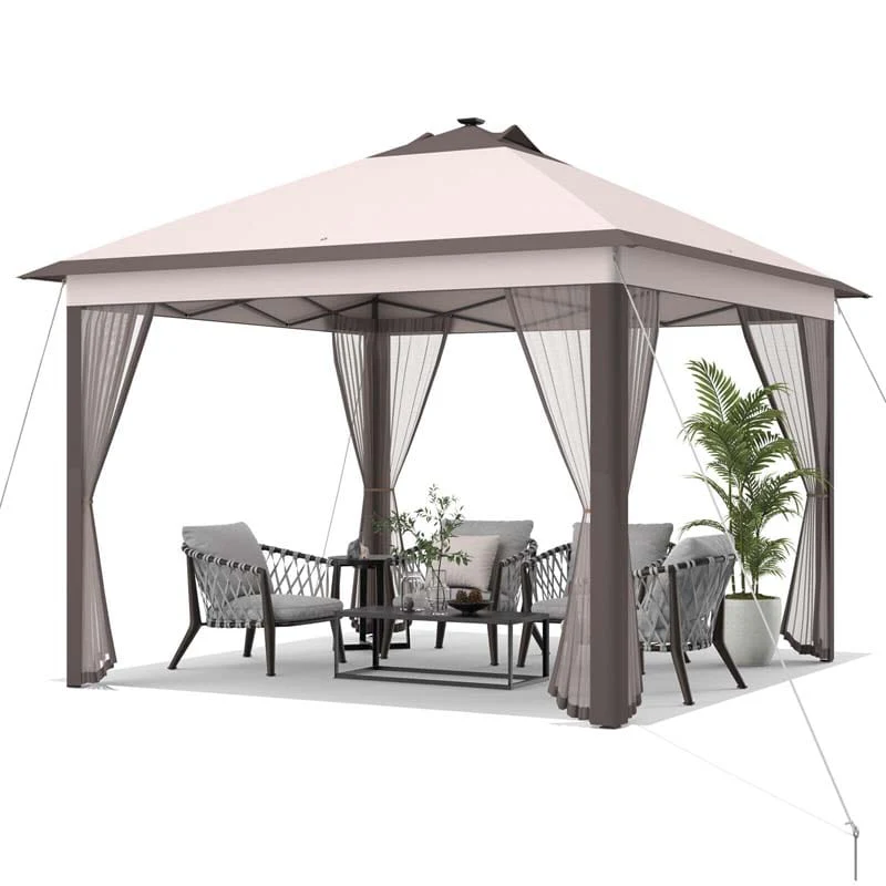 11 x 11 FT Pop Up Gazebo Tent Portable Canopy Shelter with Carry Bag & Mesh Netting & LED Lights