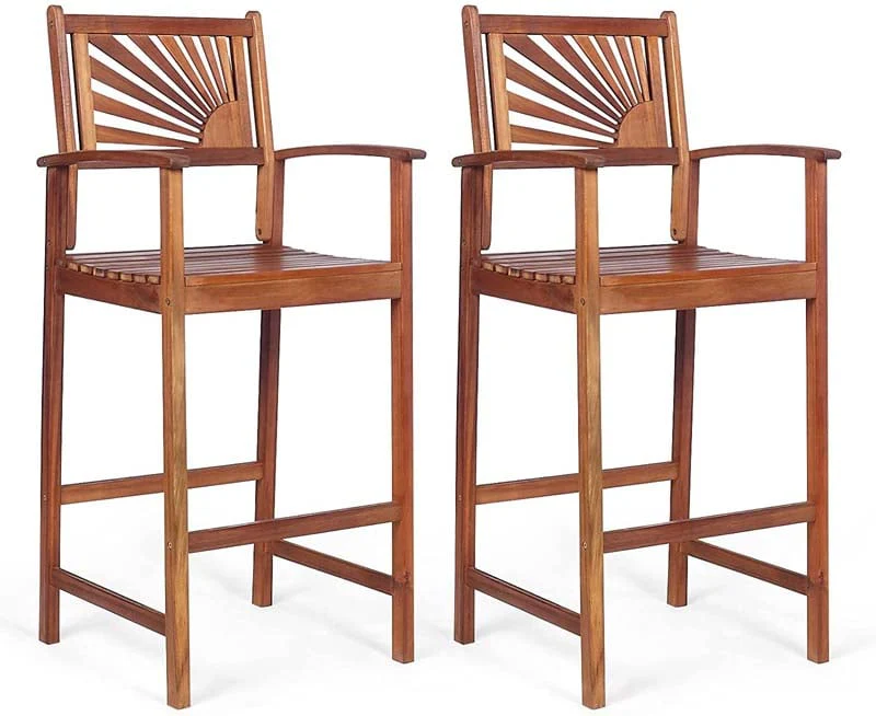 2 Pack Acacia Wood Bar Stools Outdoor Patio Bar Chairs with Sunflower Backrest & Curved Armrests