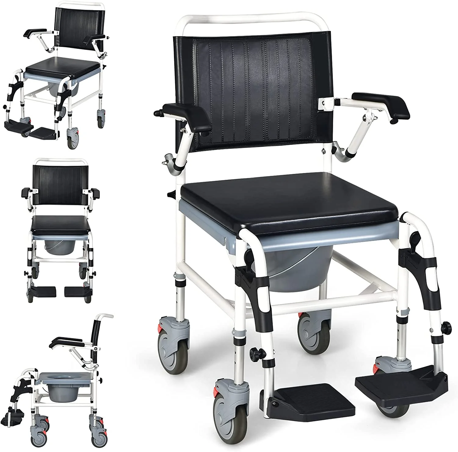 4 in 1 Bedside Commode Chair Shower Wheelchair with Detachable Bucket, Padded Mobile Toilet Chair