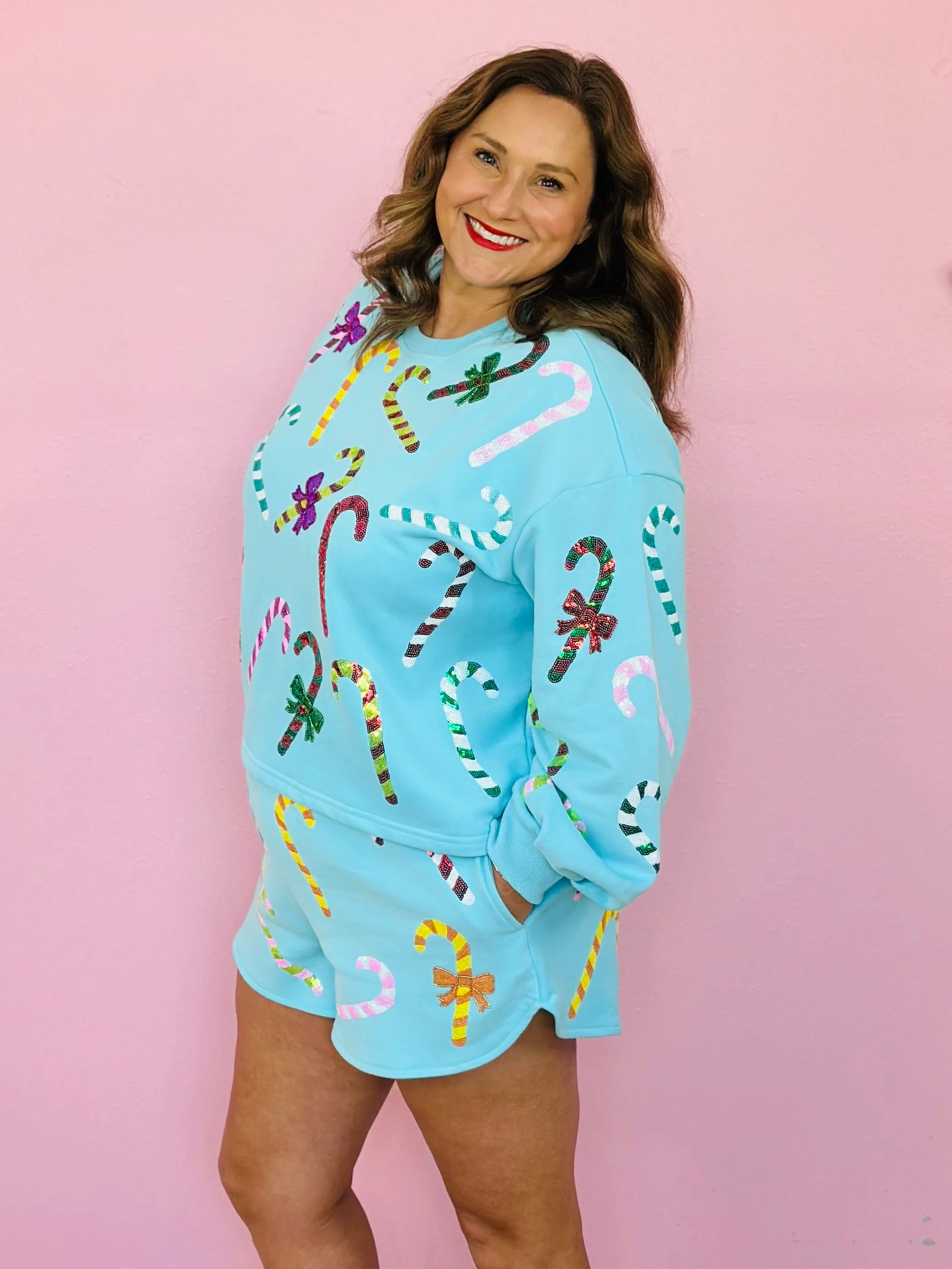 BRIGHT BLUE RAINBOW CANDY CANES SWEATSHIRT