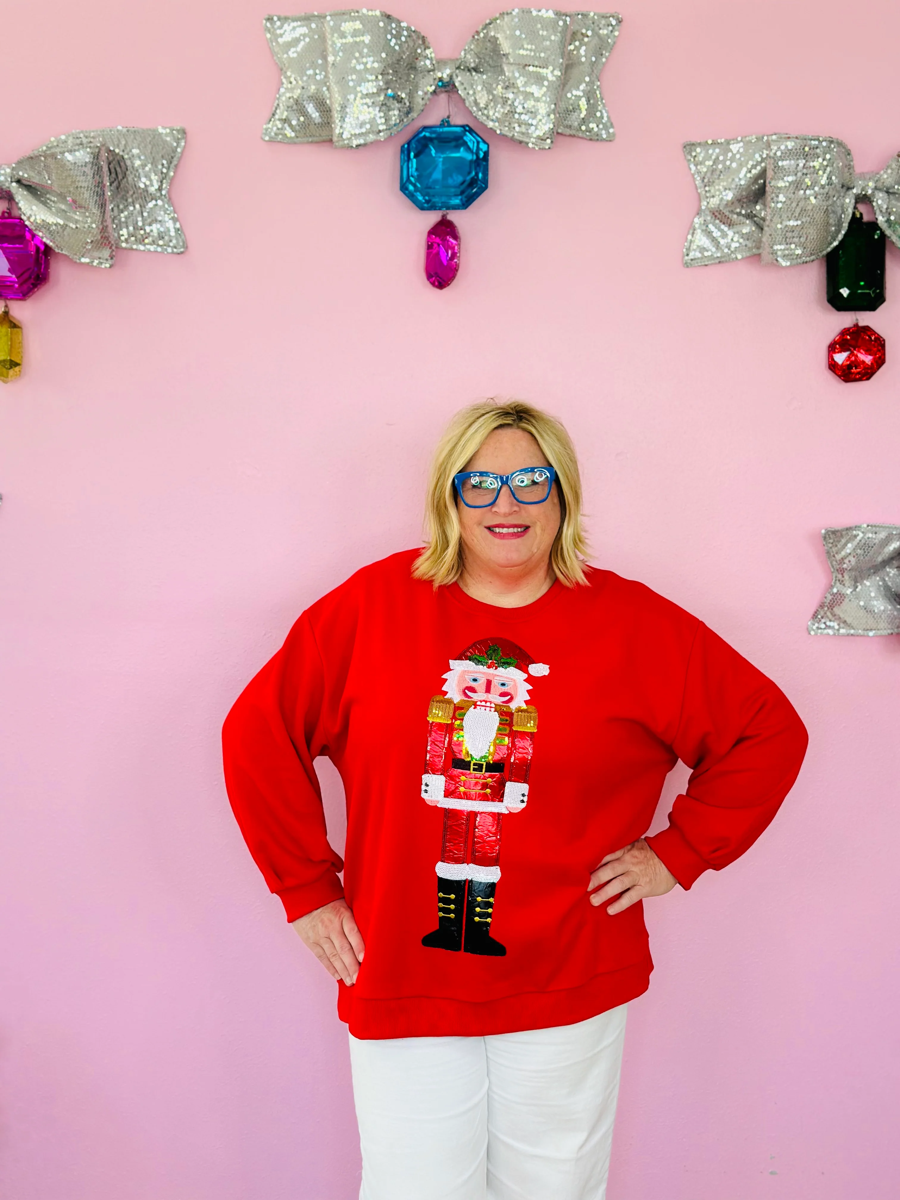 RED METALLIC SANTA NUTCRACKER SWEATSHIRT-PLUS