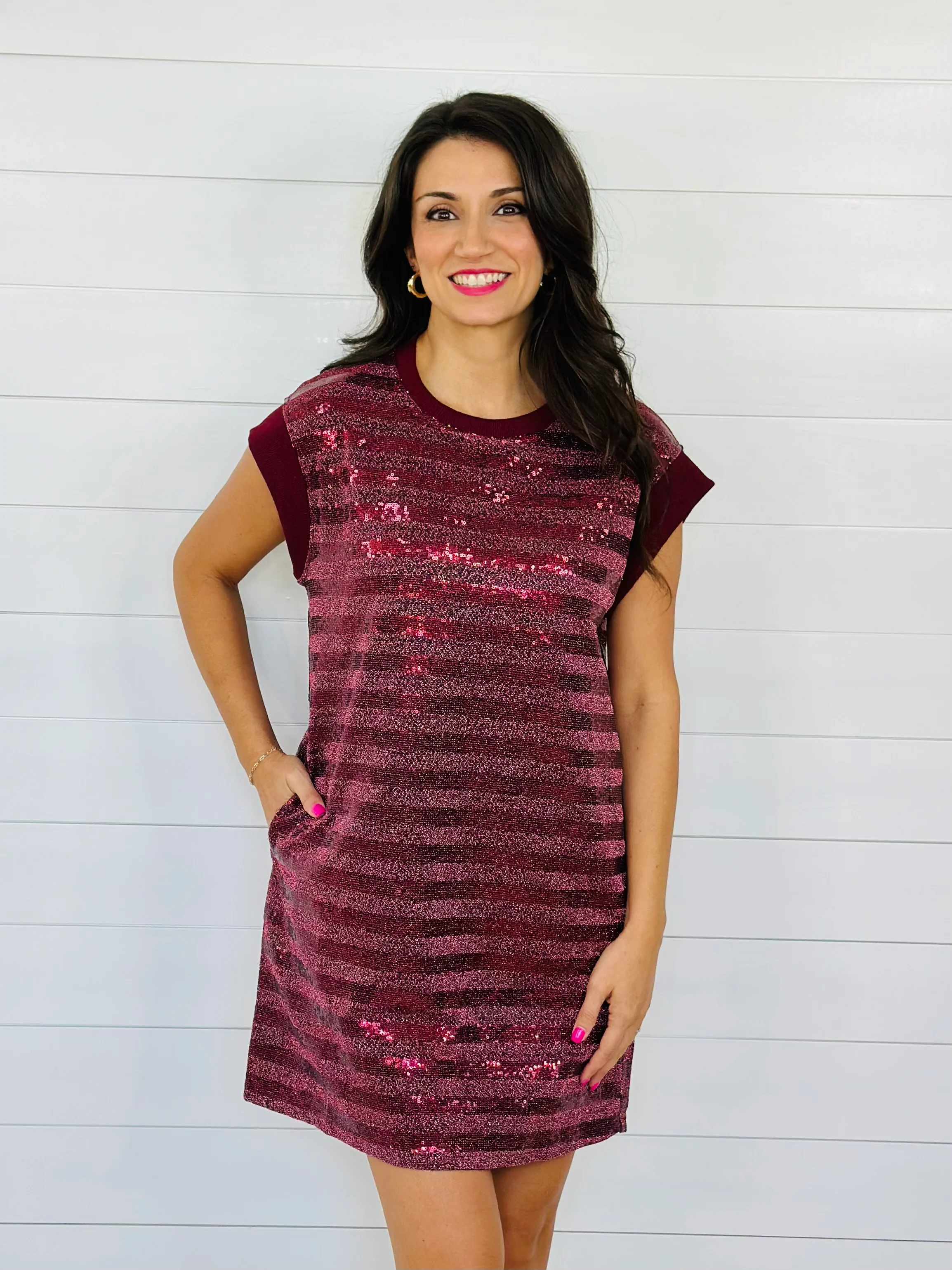 SEQUIN STRIPE DRESS-BURGUNDY