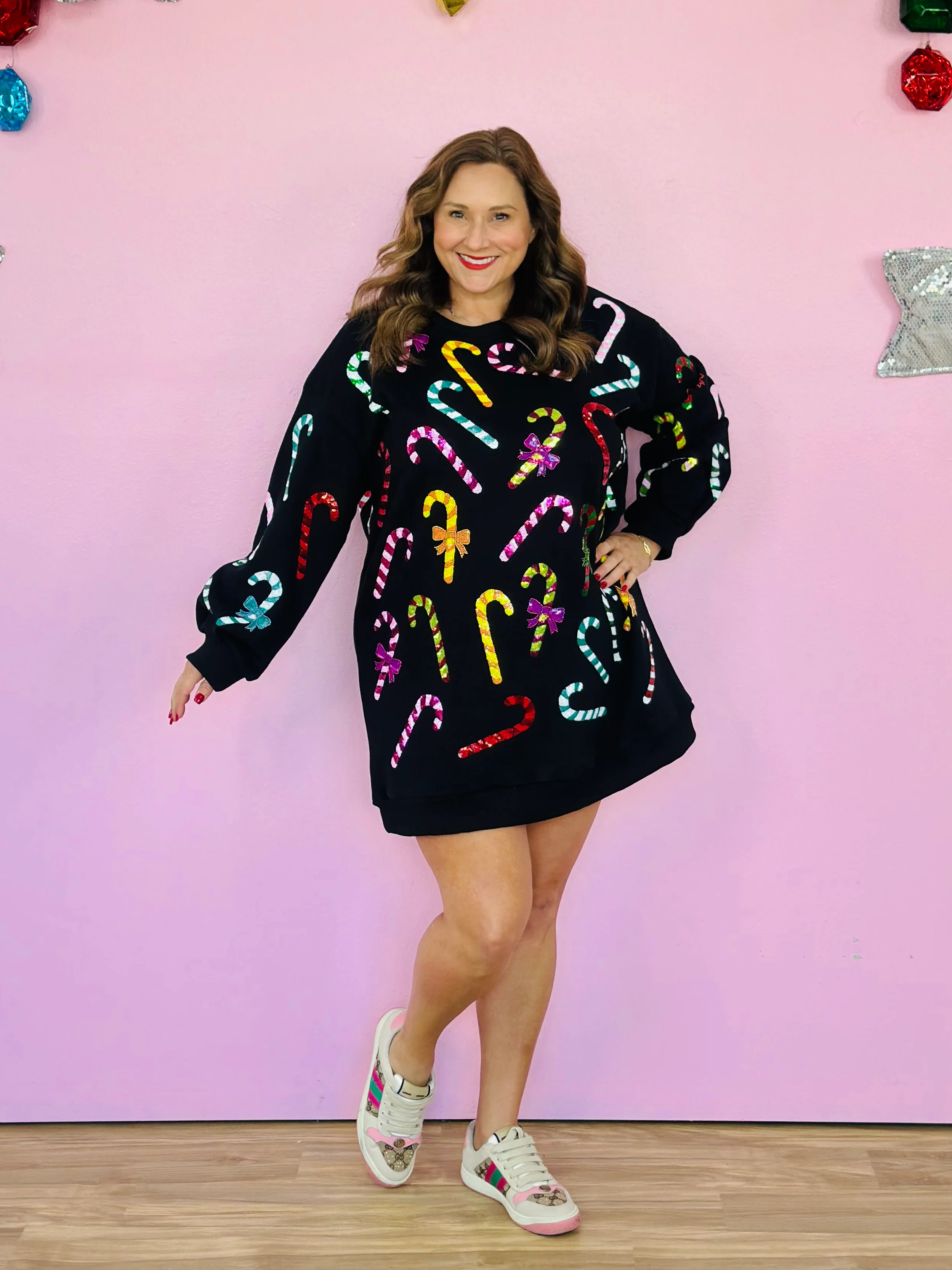 BLACK RAINBOW CANDY CANES SWEATSHIRT DRESS