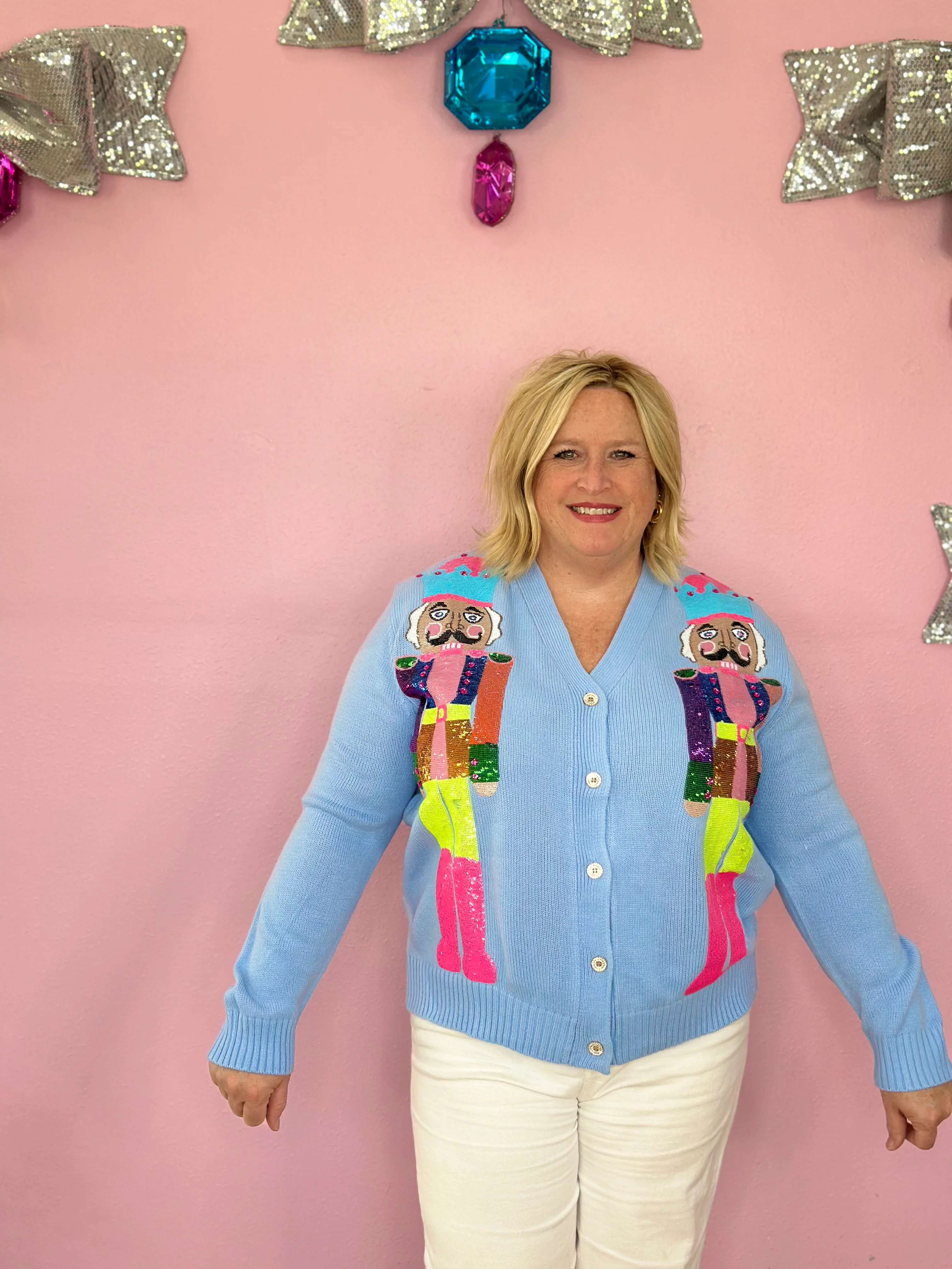 POWDER BLUE & NEON NUTCRACKER CARDIGAN-PLUS