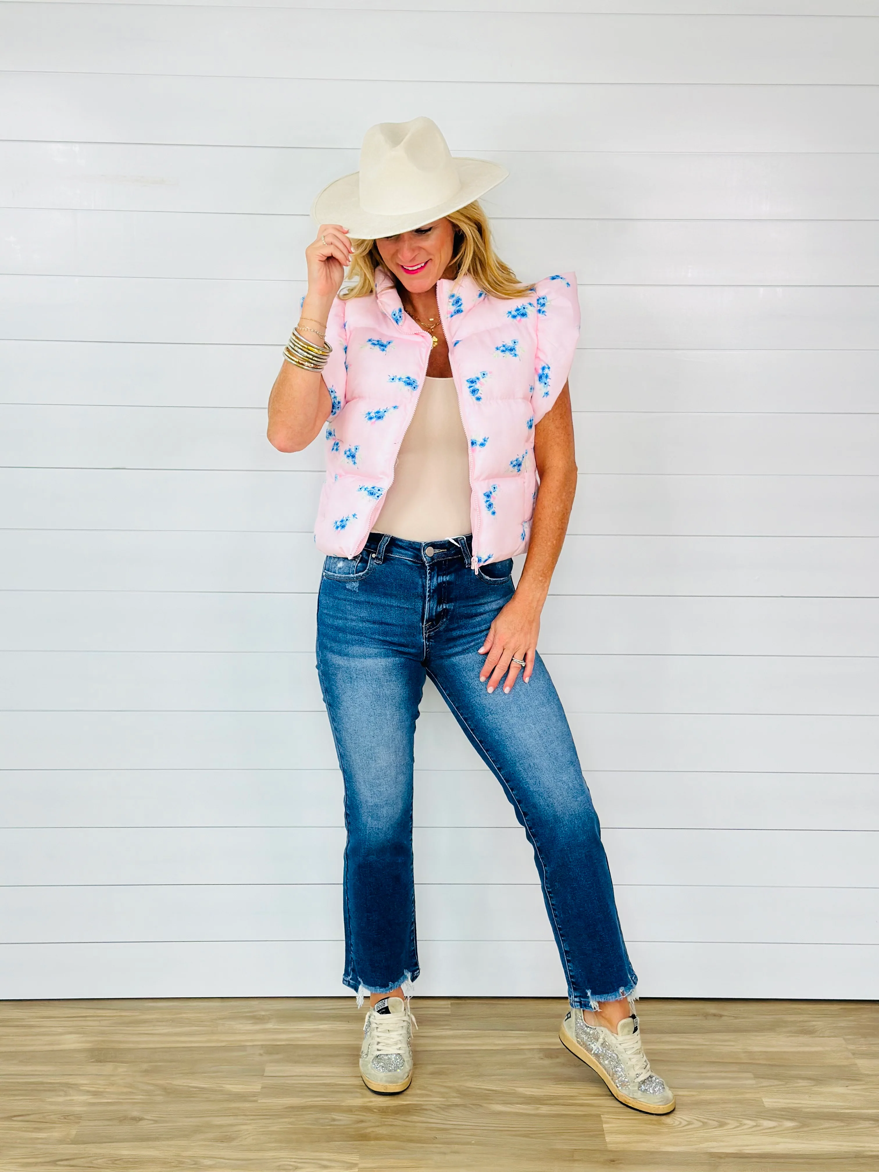 BLUE FLORAL PUFFER VEST