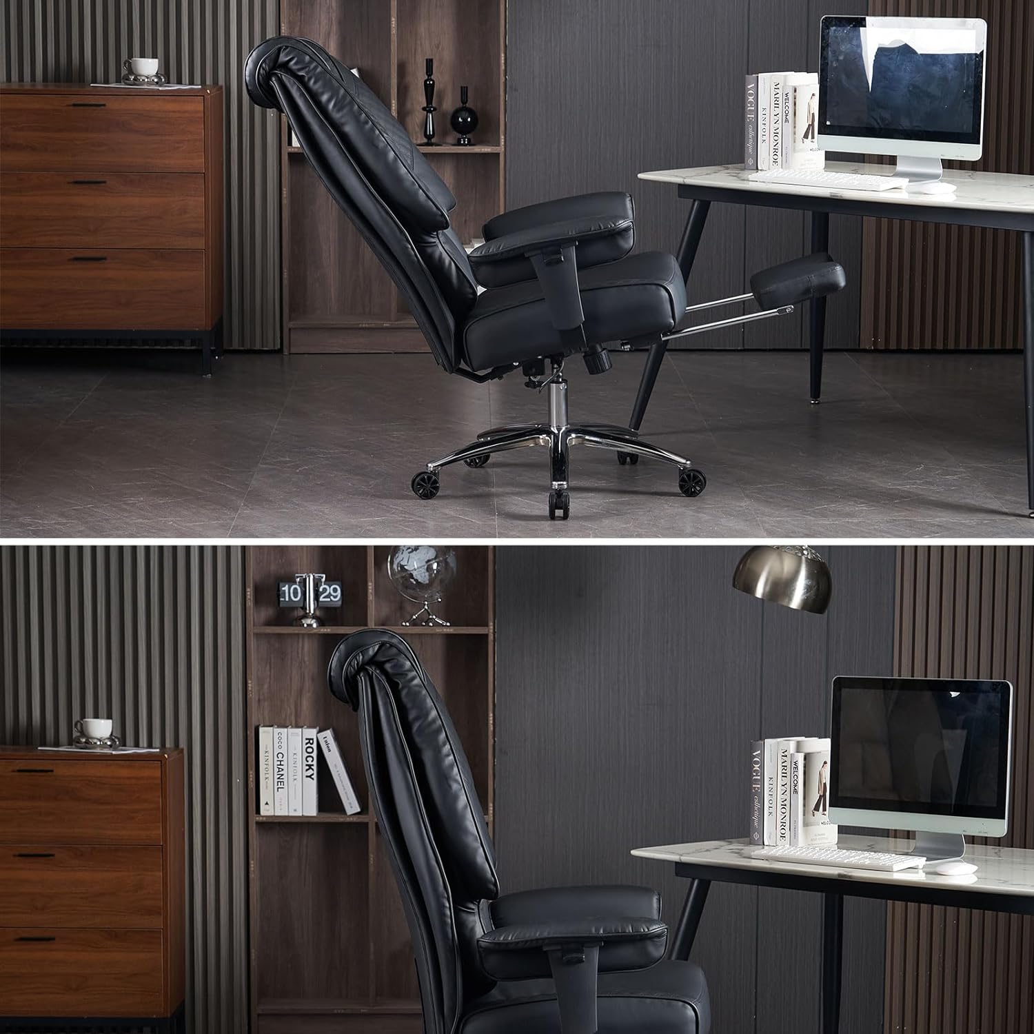 Large Tall Office Chair 400 lbs Wide Seat, Leather High Back Executive Office Chair with Footrest, Ergonomic Office Chair Lumbar Support to Relieve Lower Back Pain (Beige)